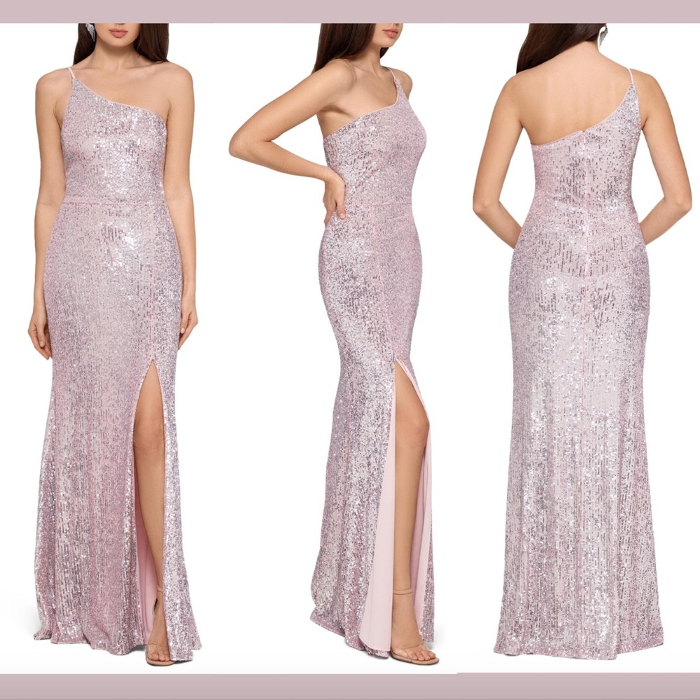 NWT $259 Xscape One-Shoulder Sequin Gown in Pink/Silver‎ [ SZ 8 ] #E935